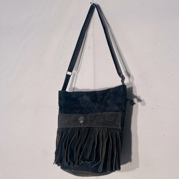 Vintage Leather Patchwork Black Brown Colour Block Bucket Bag Purse With Fringe - Picture 1 of 12